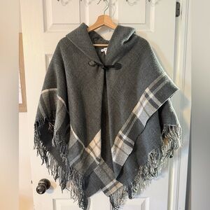 Cleo Charcoal and Cream Hooded Poncho with Fringe